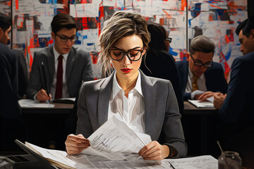 An illustration of a female secretary alone review documents with group of male colleagues behind her in a full company meeting - obrazy, fototapety, plakaty