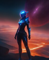 a woman in a futuristic suit standing in front of a red planet  fantasy