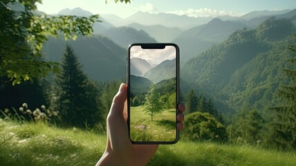 a woman's hands using a mobile phone against a scenic natural background, highlighting the convenience of staying connected while enjoying nature. - obrazy, fototapety, plakaty
