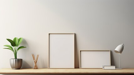 a blank award template mockup with an empty frame placed in a modern office setting characterized by light colors and minimalist design. Convey the idea of recognition and achievement.