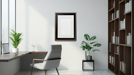 a blank award template mockup with an empty frame placed in a modern office setting characterized by light colors and minimalist design. Convey the idea of recognition and achievement.