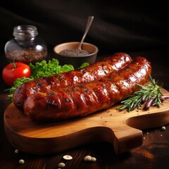 Fresh juicy sausage on a wooden board, dark background. Generative AI.