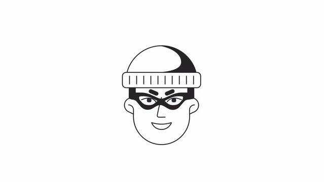 Evil smile burglar criminal bw outline 2D avatar icon animation. Frowning flat linear cartoon 4K video, alpha channel. Crime thief in mask disguise animated person head isolated on white background