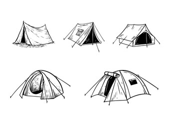 Camping tent set. Hand drawn sketch art black color vector. © Oktyabr