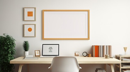 a blank award template mockup with an empty frame placed in a modern office setting characterized by light colors and minimalist design. Convey the idea of recognition and achievement.