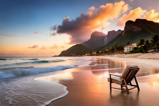 Beach, wave, palm tree, sand, chair, cloud, sky