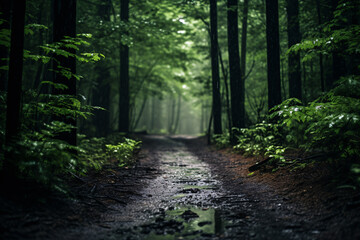 Step of the enchanting world of nature's park-forest after rain 