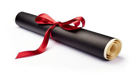 a diploma scroll elegantly tied with a red bow, isolated on a pristine white background. Convey the sense of pride and accomplishment associated with completing a significant academic journey.