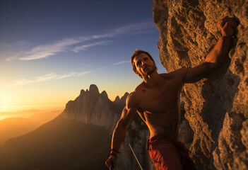 A free solo climber man bravely ascending a sheer rock face before golden hour without safety gear, 