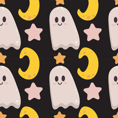 Vector illustration, cute moon and stars an ghost  on black background for different design uses and print.