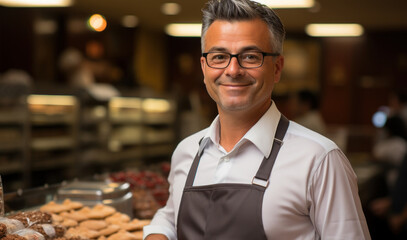 Portrait of confident and positive man small business owner standing in his small bakery near shelf with pastries and looking at camera with smile