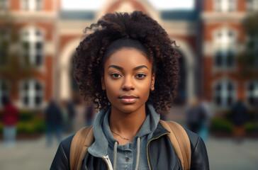 African american female college student leaning on shelf in library and looking at camera. Generated by AI