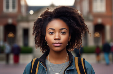 African american female college student leaning on shelf in library and looking at camera. Generated by AI