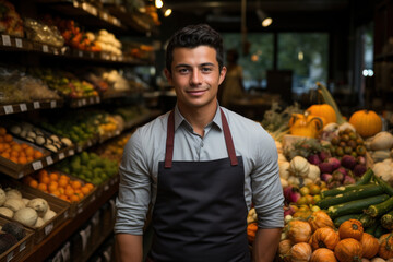 Confident smiling young man in apron small business owner standing in his shop among shelves with vegetables and looking at camera 