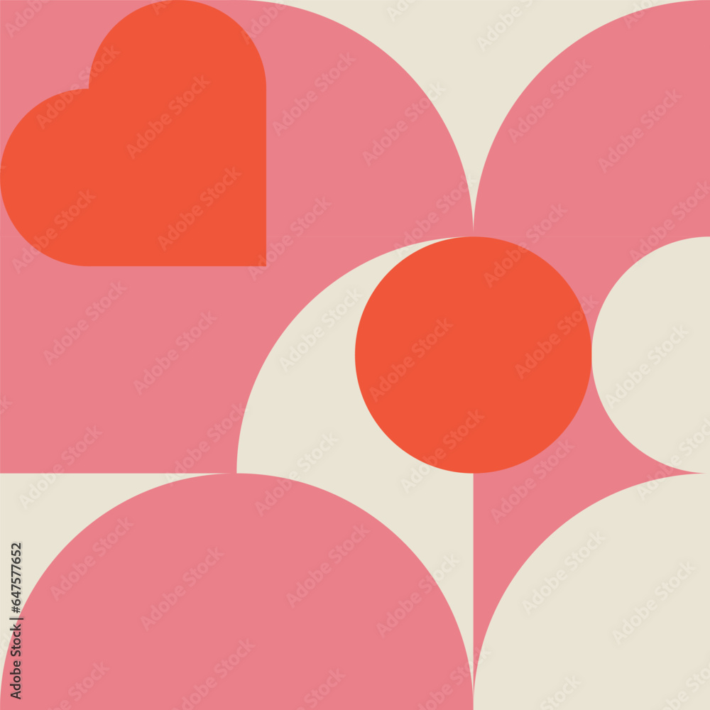 Aufkleber Romantic vector abstract  geometric background with hearts, circles, rectangles and squares  in retro Scandinavian style. Pastel colored simple shapes graphic pattern. Abstract mosaic artwork.