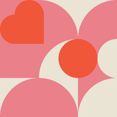 Romantic vector abstract  geometric background with hearts, circles, rectangles and squares  in retro Scandinavian style. Pastel colored simple shapes graphic pattern. Abstract mosaic artwork.
