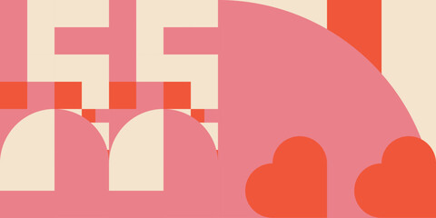 Fototapeta premium Romantic vector abstract geometric background with hearts, circles, rectangles and squares in retro scandinavian style. Pastel colored simple shapes graphic pattern. Abstract mosaic artwork.