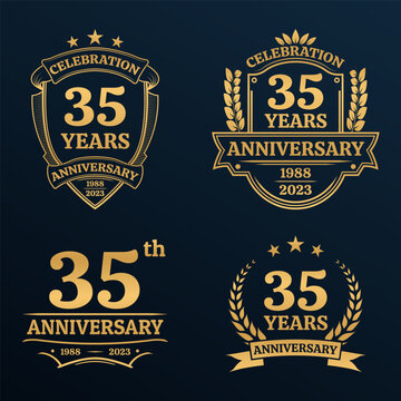 35 years anniversary icon or logo set. Vintage birthday banner design. 35th anniversary jubilee celebration golden badge or label collection. Vector illustration.