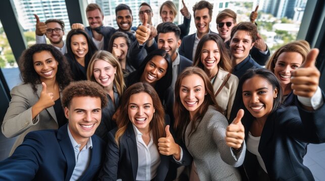 Very happy employees give a thumbs up recommending the company's good quality services. Smiling coworkers from different nationalities celebrate success or victory. - Powered by Adobe