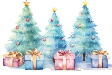 Fototapeta na wymiar Pastel watercolor Christmas trees with gift boxes clip art Generative AI