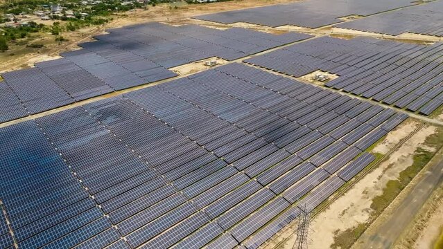 Drone view solar power farm on My Hao district, Binh Thuan province, central Vietnam