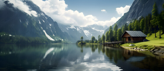a small cabin is sitting at the edge of a lake - obrazy, fototapety, plakaty
