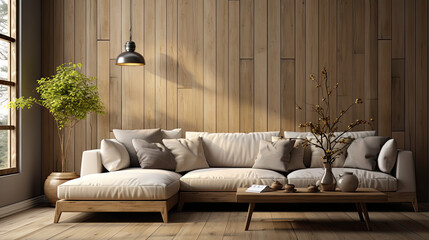 Modern Living Room with Beige Sofa and Wooden Wall