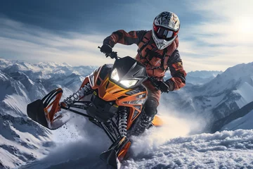 Fotobehang Man riding a snowmobile in the snow, winter races sports, extreme adventure, outdoor activity. AI Generative. © Viktoriia