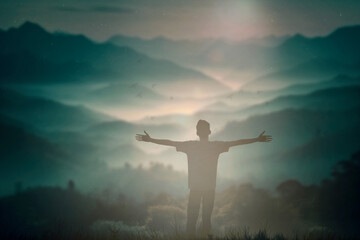 Happy man thinking felling ambitious empowerment energy vision on moutain background. Christian prayer love freedom worship praise God. Strength courage self confidence good for yourself concept 2024 - obrazy, fototapety, plakaty