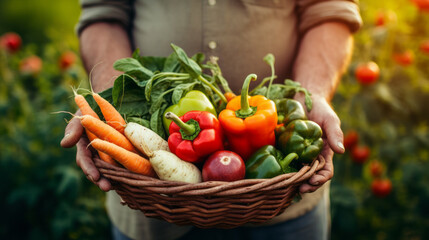 Fototapeta premium Basket with vegetables in the hands of a farmer background of nature Concept of biological, bio products, bio ecology, grown by yourself, vegetarians.