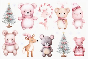 Pink pastel watercolor Christmas animals clip art Generative AI