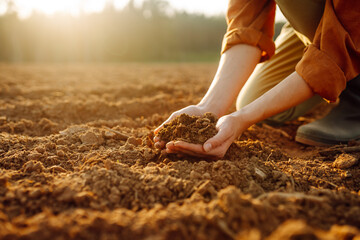 Farmer's woman's hands touch the soil in the field. Women's hands hold the soil, checking the quality, health of the soil. Concept of gardening, agriculture.