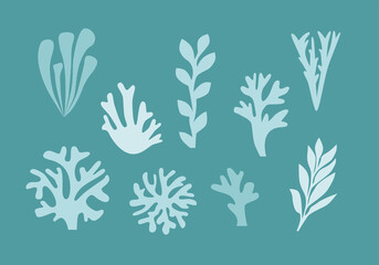 Abstract set of branches and algae for logos, wallpaper decoration and graphic works in three colors