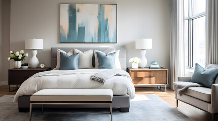 Explore a stylish bedroom retreat in the modern townhouse. The photograph showcases a well-appointed bedroom with contemporary furnishings, soothing colors, and design elements that promote relaxation