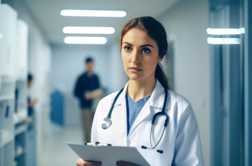 Young female doctor in white coat looking at camera while standing in office of modern clinic. Made with AI gereration