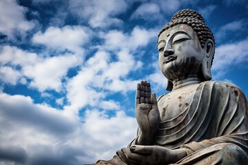 Fototapeta na wymiar Buddha statue with blue sky and clouds background