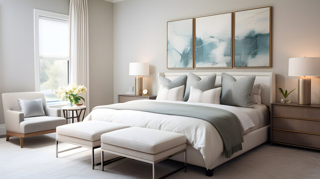 Explore a stylish bedroom retreat in the modern townhouse. The photograph showcases a well-appointed bedroom with contemporary furnishings, soothing colors, and design elements that promote relaxation