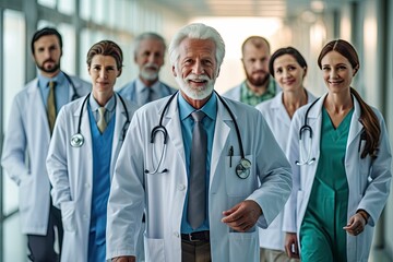 Group of modern doctors standing as a team in hospital corridor