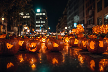 Glowing pumpkin decorations of the city for the holiday. Halloween concept.