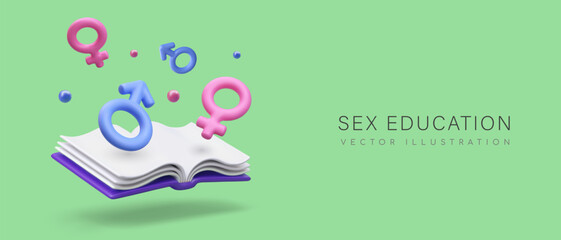 Sexual education. Lessons for boys and girls. Study of anatomy of human body. Sexual reproduction, safe sex. Family planning, contraception. Color poster in positive cartoon style