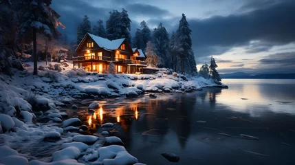 Fotobehang many nordic cabin, snowy winter photography, © Lucky Ai