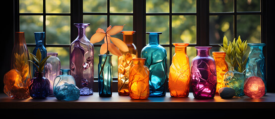 a collection of colorful glass vases and bottles displayed on a window sill - obrazy, fototapety, plakaty