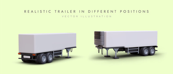 Realistic semi trailer in different positions. Refrigerator to tractor unit. Body with place for logo, text. Vector template for ad perishable products transportation services