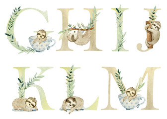 Watercolor letters with cute sloths for invitation card, nursery poster and other. © Tapilipa