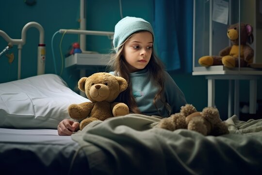 Patient child and teddy bear sitting together on hospital bed