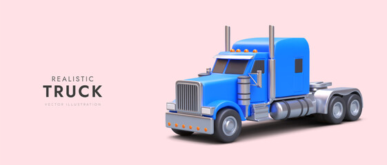 3d realistic truck in blue colors. Delivery transport concept. Poster with machine for delivery and transportation. Colorful vector illustration in cartoon style with pink background