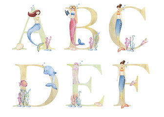 Watercolor letters with mermaids for invitation card, nursery poster and other.