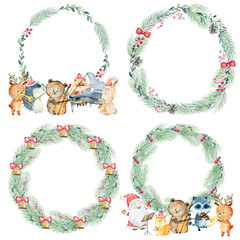 Christmas greeting card. Watercolor winter wreath with animals playing musical instruments.