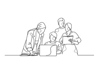 Continuous one line drawing of business people teamwork. Vector illustration.