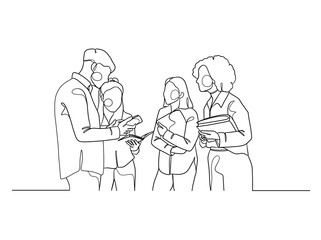 Continuous one line drawing of business people teamwork. Vector illustration.